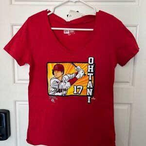 A12-Shohei Ohtani #17 Angels T-Shirt Women’s Medium Red V-Neck New Era MLB